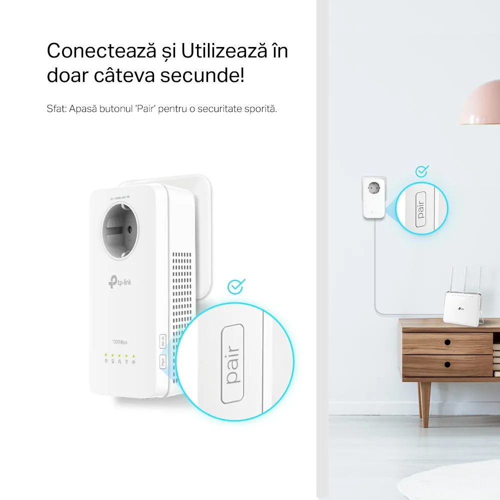 Wi-Fi + Powerline adapter TP-LINK TL-WPA8631P KIT, AV1300, 1300 Mbps, Alb