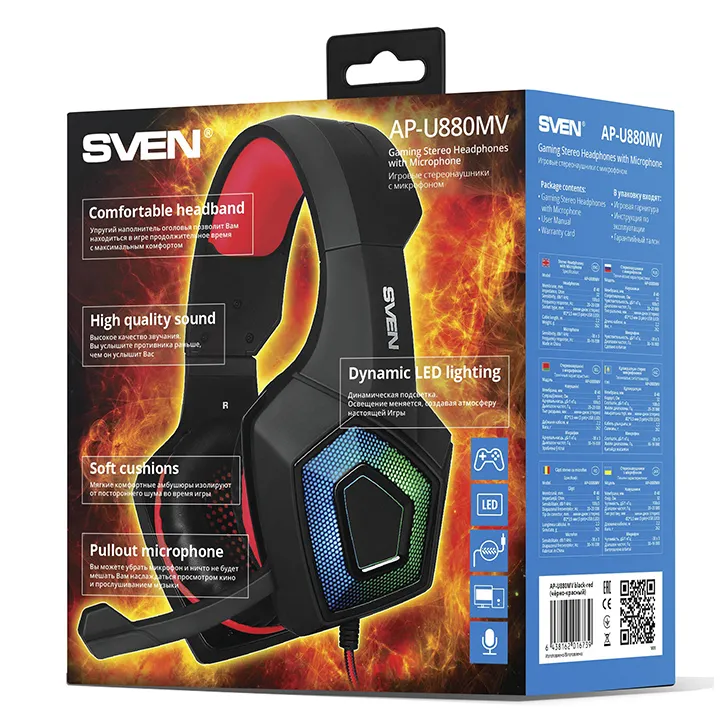 Căști gaming SVEN AP-U880MV, Cu fir, Negru/Roșu