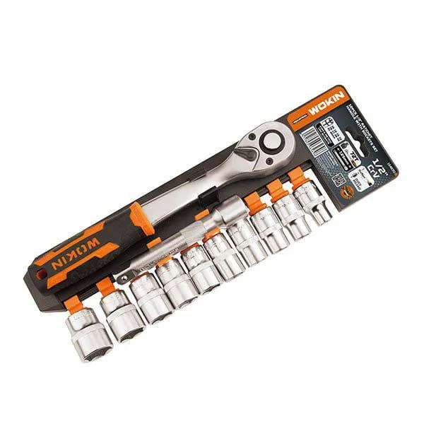 Set de 12 chei tubulare de 1/2 cu maner cu clichet Cr-V WOKIN (Industrial)