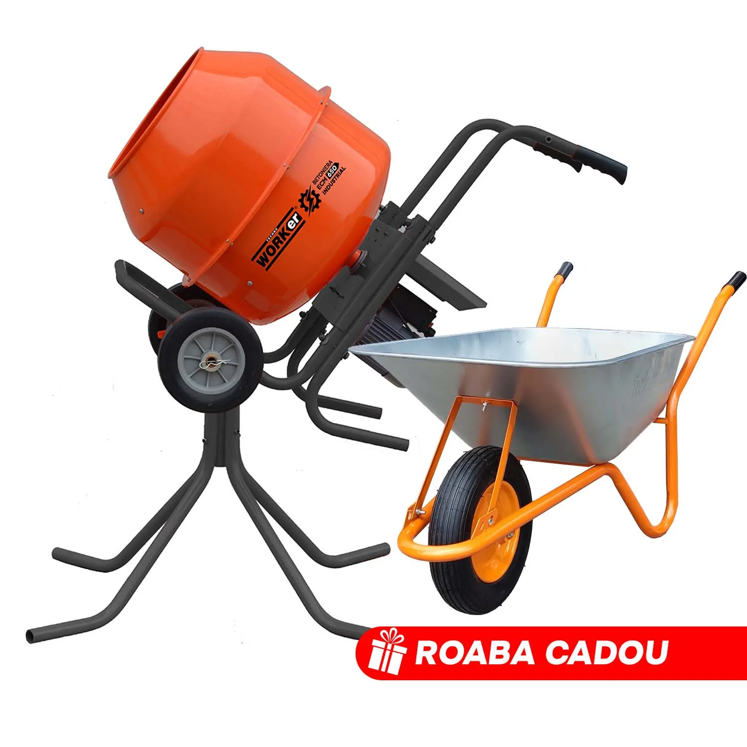 TIK TOK Betoniera TechnoWorker 180 L (Reductor) + stativ + Roaba 85 L Cadou