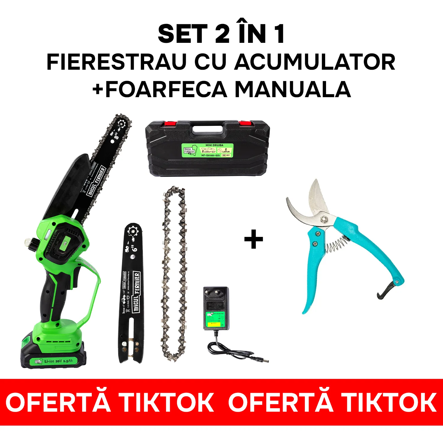 Fierestrau cu 2 lanturi si 2 lame cu acumulator Micul Fermier 20V + GF-0475 Foarfeca 