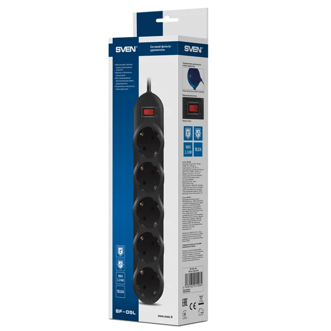 Prelungitor electric SVEN SF-05, 5 Prize, 1m, Negru