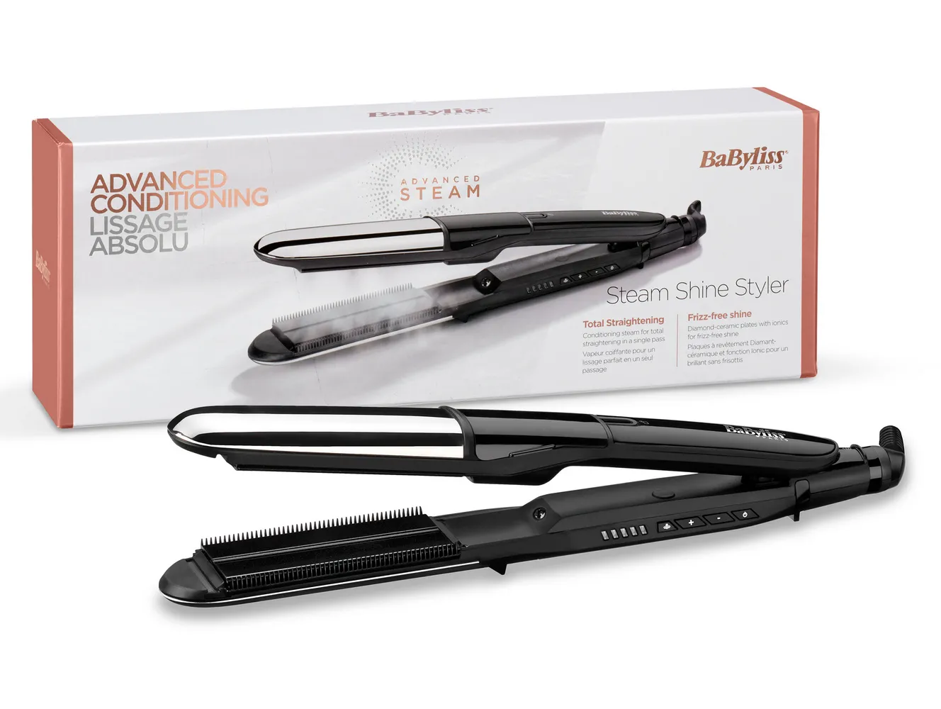 Placă de îndreptat părul BaByliss 2 in 1 Steam Shine ST496E, Negru | Argintiu
