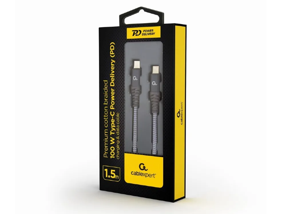  Blister Type-C/Type-C, CM/CM,  1.5 m, 100W charging power,Cablexpert Cotton Braided Spacegrey/White