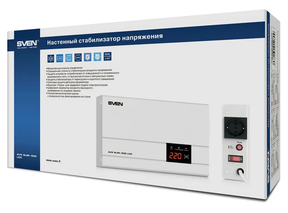 Stabilizator de Tensiune SVEN SLIM AVR-500 LCD, 500VA