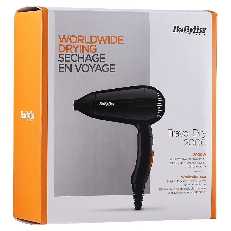 Uscător de păr compact BaByliss Travel Dry 5344E, 2000 W, Negru
