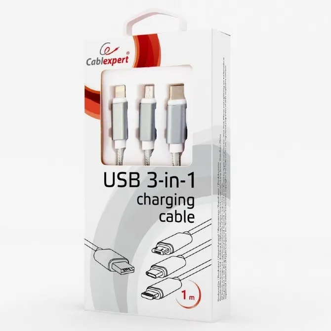 Cablu încărcare și sincronizare Cablexpert CC-USB2-AM31-1M-S, USB Type-A/Micro USB, Type-C, Lighting, 1m, Argintiu