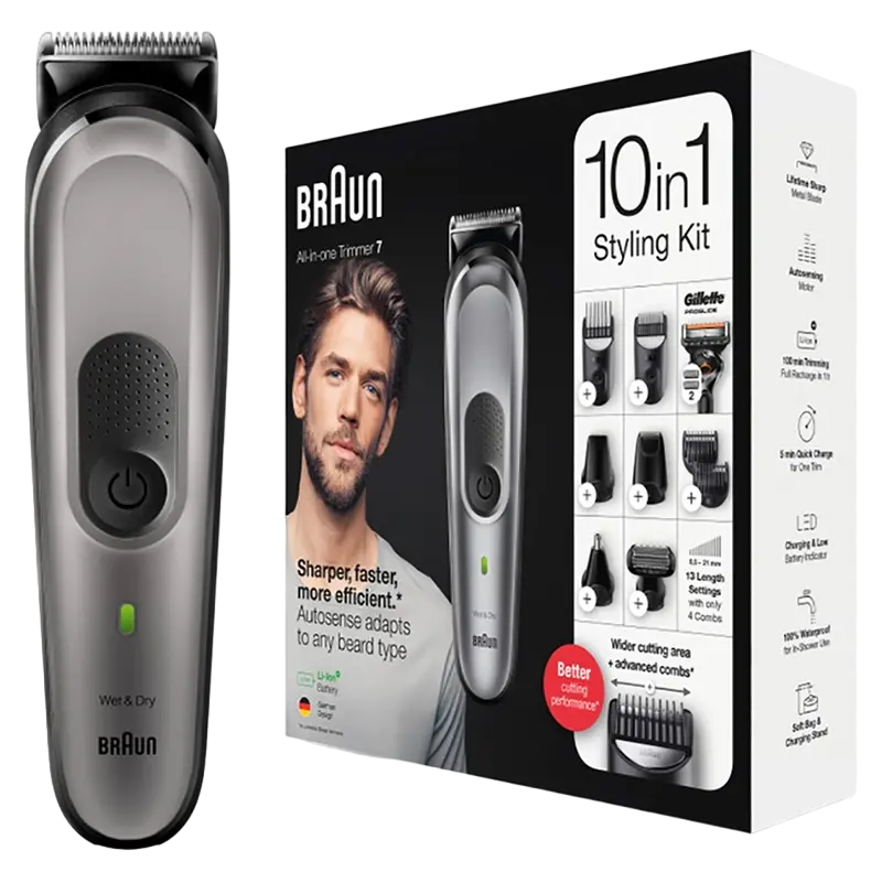 Trimmer pentru bărbați Braun MGK7320, Gri | Argintiu