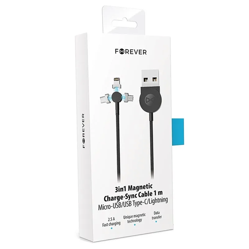 Cablu încărcare și sincronizare Forever Magnetic Cable 3in1, USB Type-A/Micro USB, Type-C, Lighting, 1m, Negru