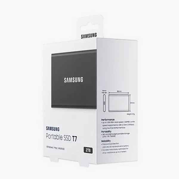SSD portabil extern Samsung Portable SSD T7,  2 TB, Grey (MU-PC2T0T/WW)