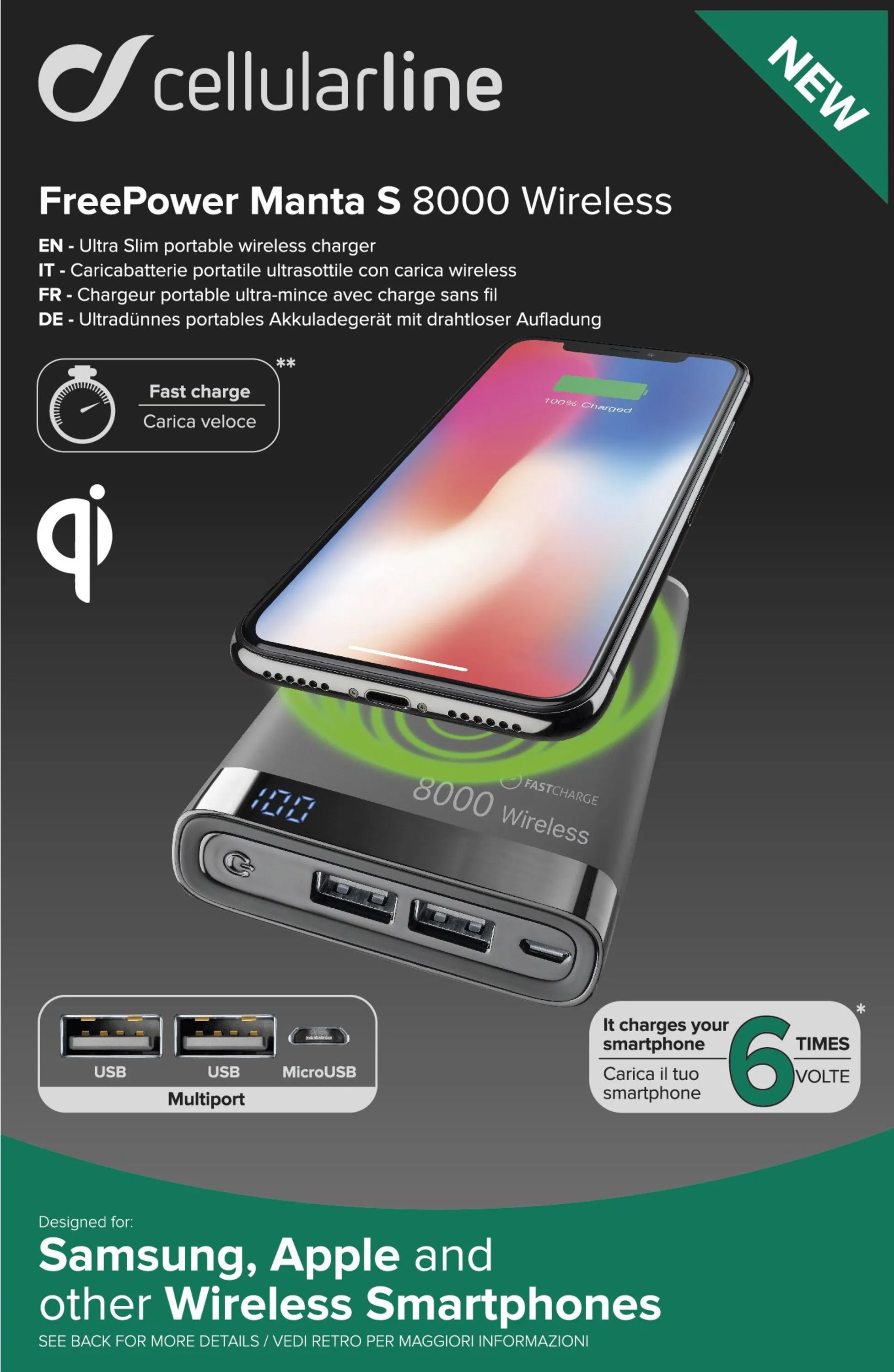 Acumulator extern Cellularline FreePower MANTA 8000 Wireless, 8mAh, Negru