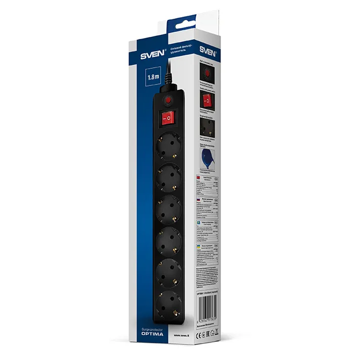 Prelungitor electric SVEN Optima, 6 Prize, 1,8m, Negru