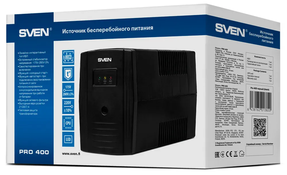 Sursă de alimentare neîntreruptibilă SVEN Pro  400, Linear-interactiv, 400VA, Turn