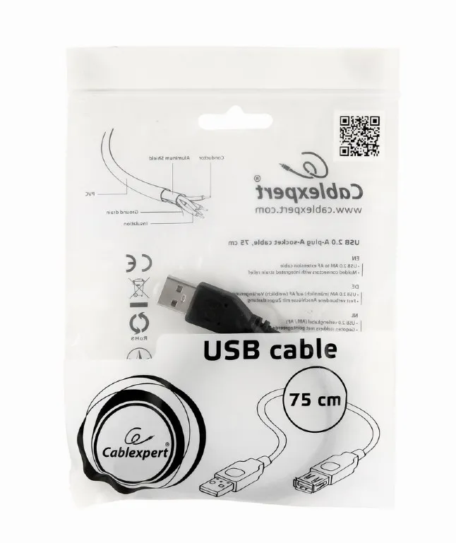 Cablu prelungitor Cablexpert CC-USB2-AMAF-75CM/300-BK, USB Type-A (M)/USB Type-A (F), 0,75m, Negru
