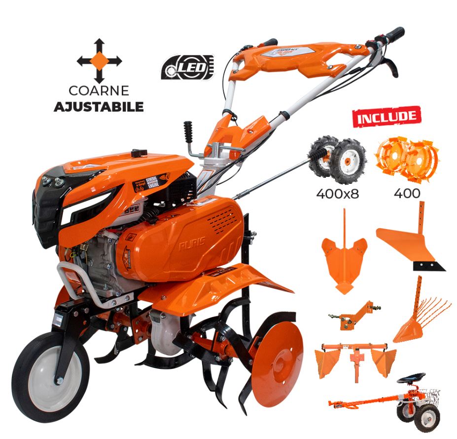 Motosapa Ruris 7500ACC3 + roti cauciuc 4.00-8+rarita ajustabila+plug+adaptor+dispozitiv cartofi+cultivator multifunctional+accesoriu tractat+roti metalice 400 fara manicot