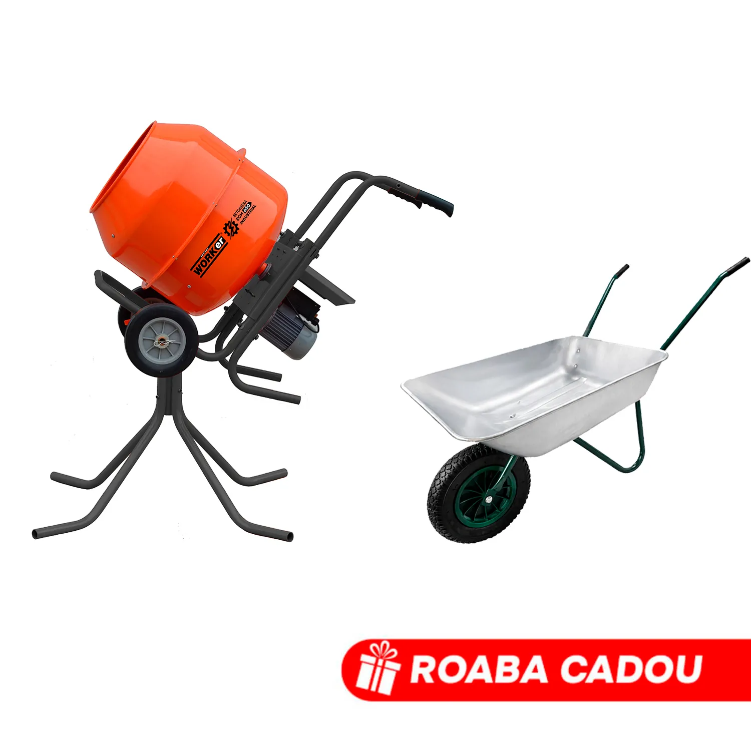 Set Betoniera TechnoWorker 180 L (Reductor, Motor cupru) + stativ  + Roaba LUMAG 85 L Cadou