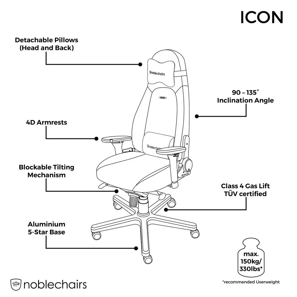 Scaun Gaming Noblechairs Icon, PU Piele, Alb/Negru