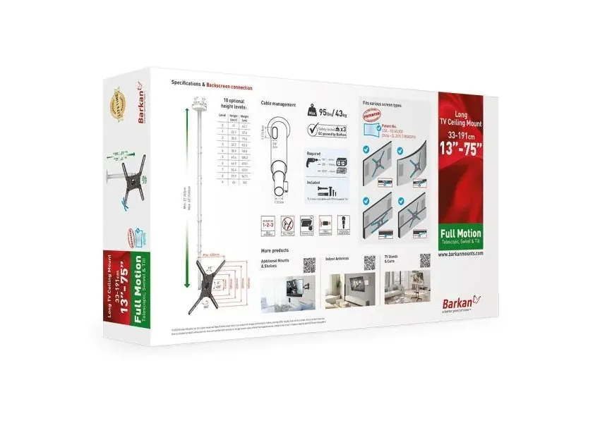 Suport TV tavan Full-motion BARKAN 4500L, Negru
