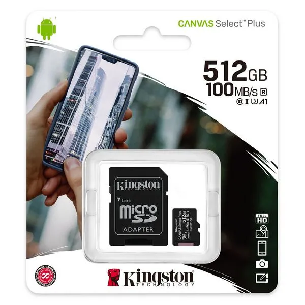 512GB MicroSD (Class 10) UHS-I (U3) +SD adapter, Kingston Canvas Select+ 