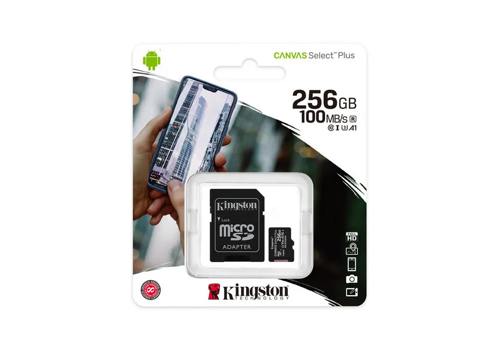 256GB MicroSD (Class 10) UHS-I (U3) +SD adapter, Kingston Canvas Select+ 