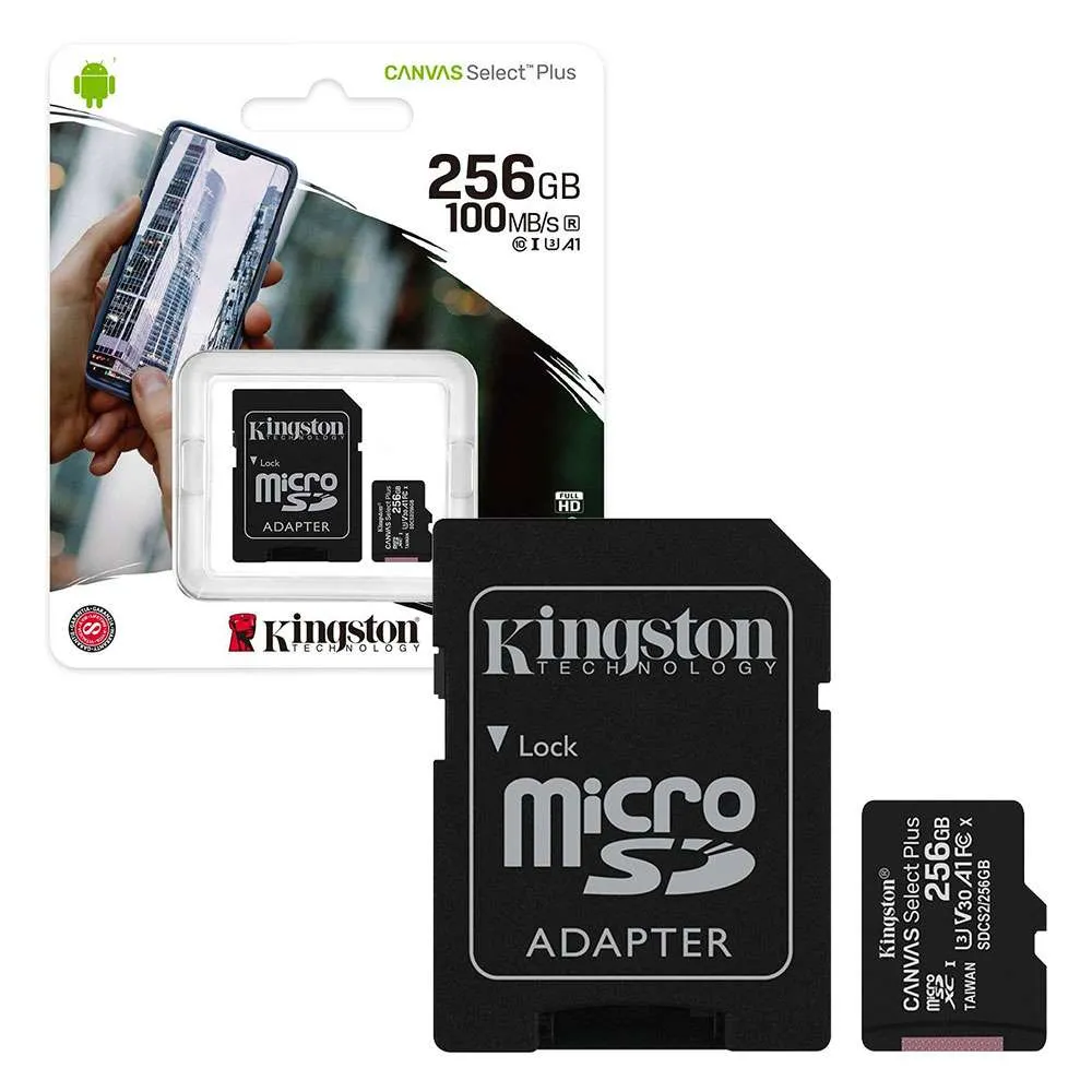 256GB MicroSD (Class 10) UHS-I (U3) +SD adapter, Kingston Canvas Select+ 