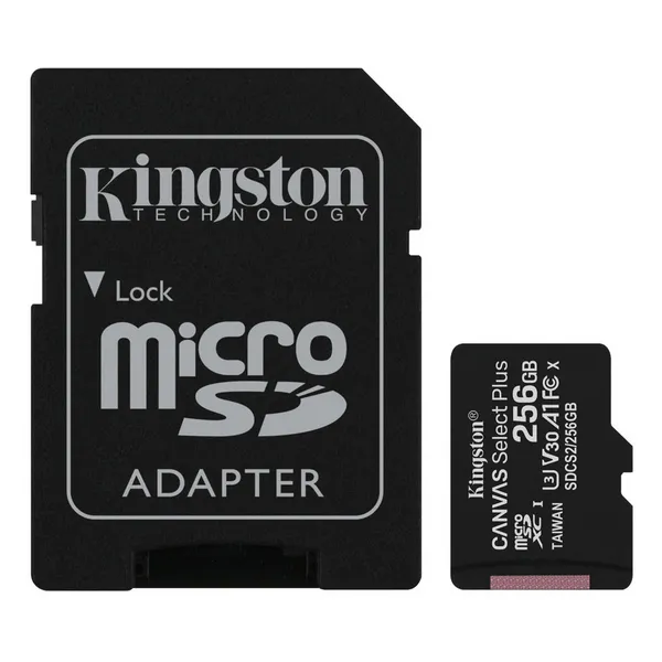 256GB MicroSD (Class 10) UHS-I (U3) +SD adapter, Kingston Canvas Select+ 