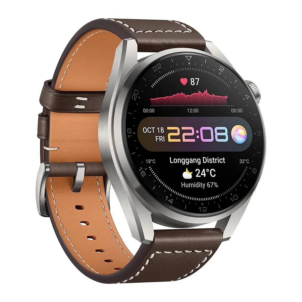 Ceas inteligent Huawei WATCH 3 Pro, 48mm, Carcasă Titanium Gray  cu curea din piele Maro