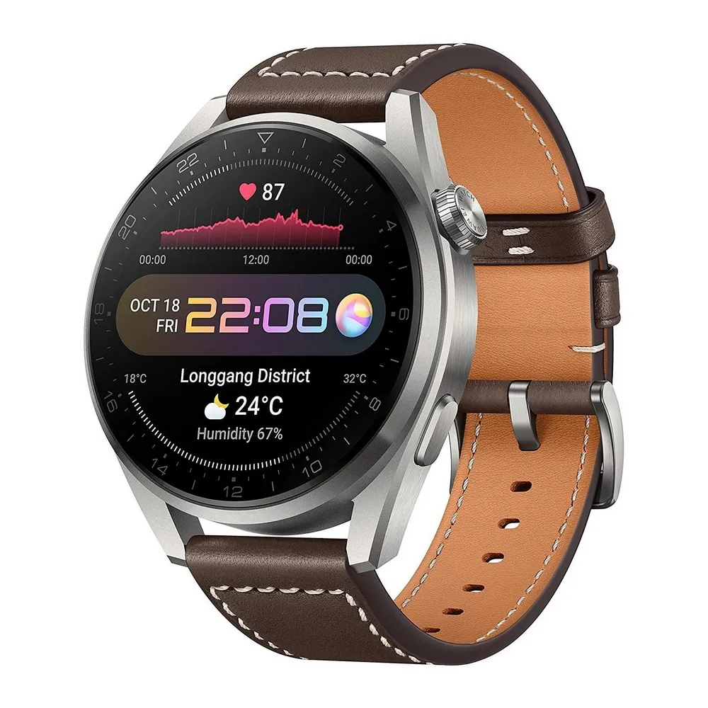Ceas inteligent Huawei WATCH 3 Pro, 48mm, Carcasă Titanium Gray  cu curea din piele Maro