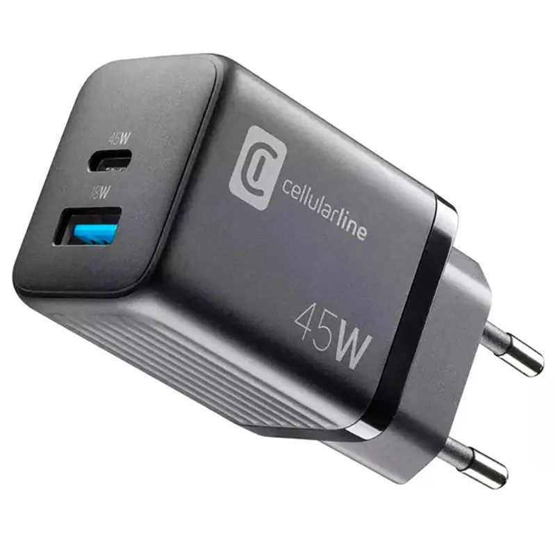 Încărcător Cellularline Wall Charger GAN, 2 Ports, 45W, 45W, Negru