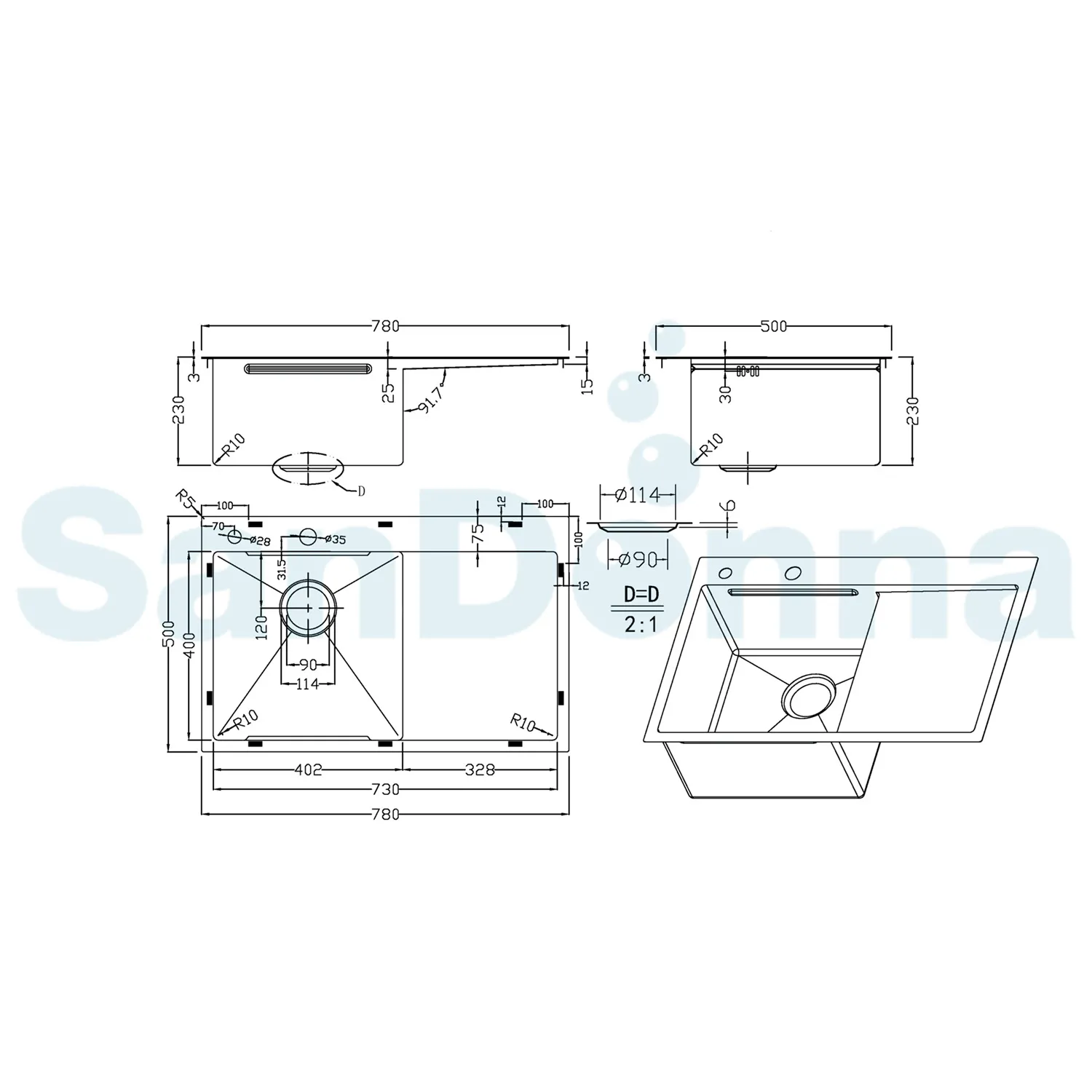 Chiuveta handmade SanDonna HD7850 (Copper)