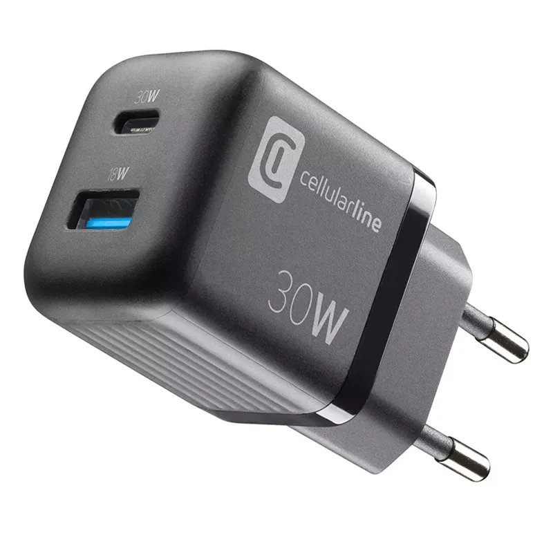 Încărcător Cellularline Wall Charger GAN, 2 Ports, 30W, 30W, Negru