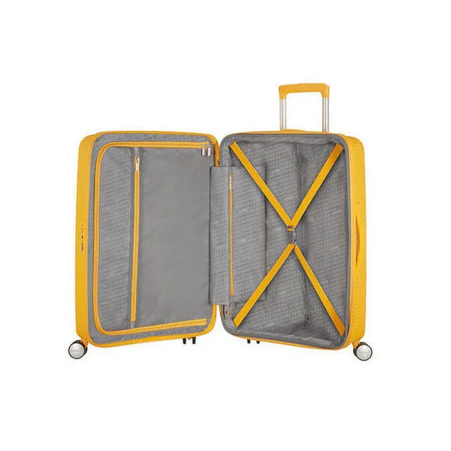 Valiza American Turister SOUNDBOX pe 4 roti 67/24 TSA EXP galben auriu