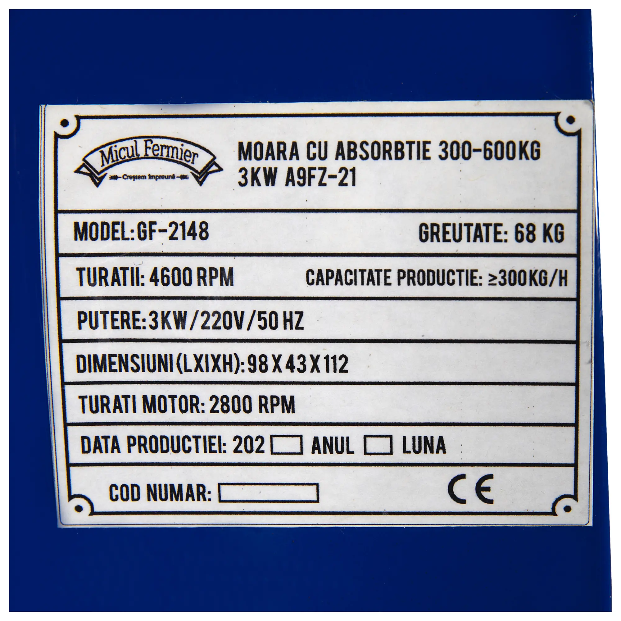 Moara electrica 300-600kg Micul Fermier 3кW A9FZ-21 (Cu absortie)