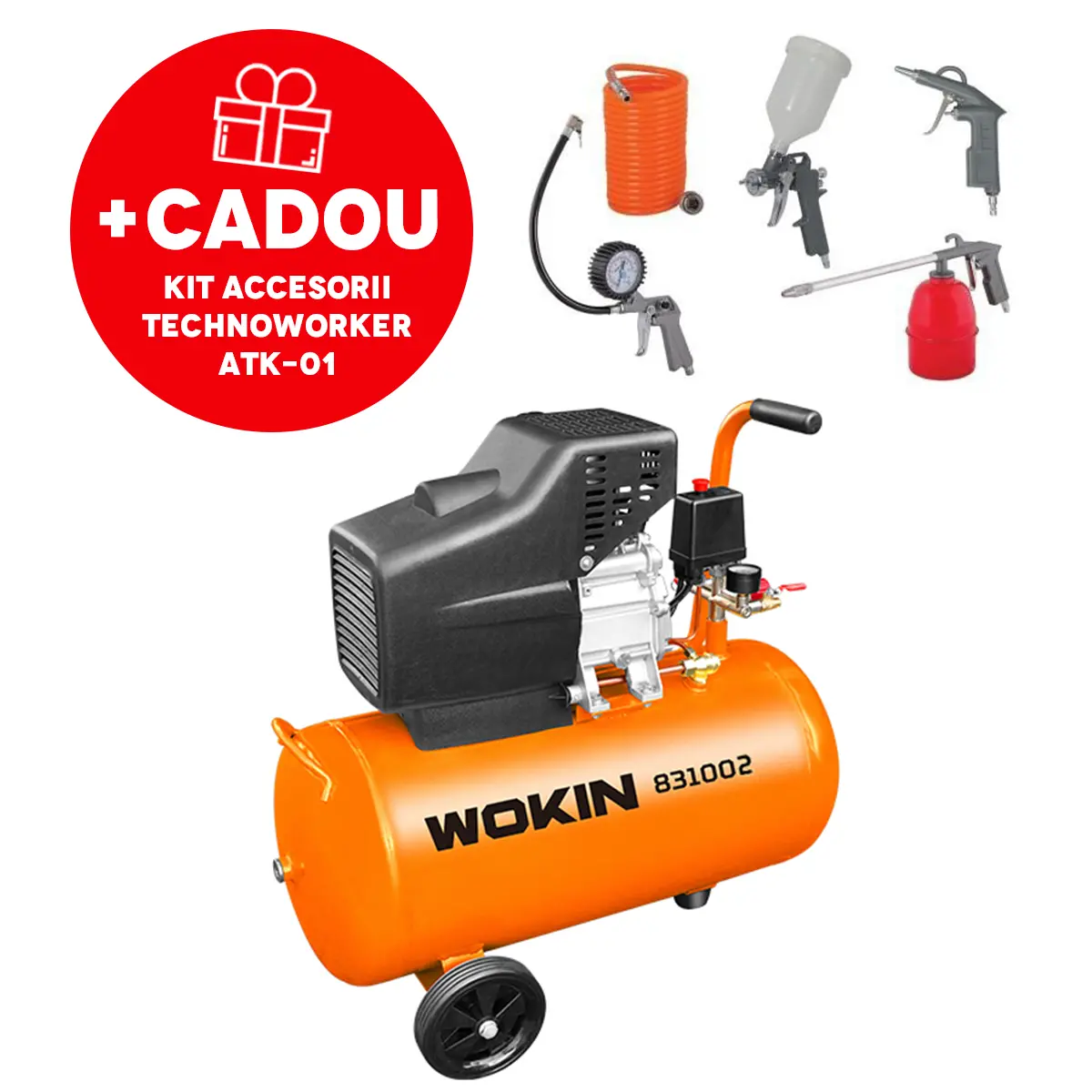 Compresor de aer 24L 1500W Wokin + Kit Accesorii aer comprimat TechnoWorker ATK-01 (5 piese)