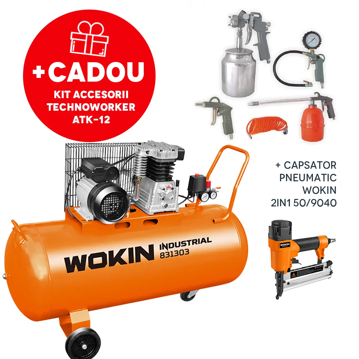Compresor de aer 100L 2200W Wokin +Kit Accesorii  ATK-12  (5 piese) + Capsator Wokin 50/9040