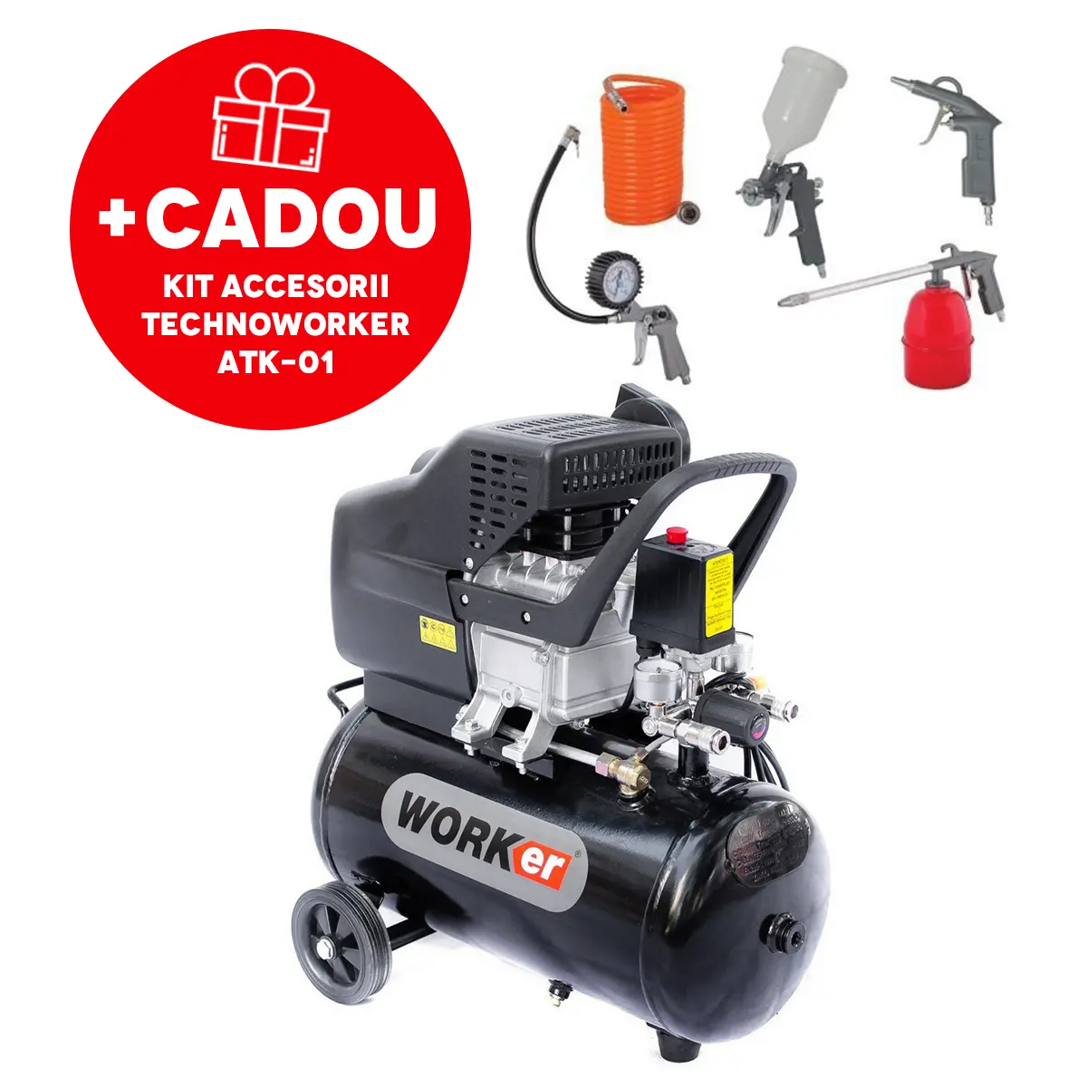 Compresor de aer 24L 150W TechnoWorker+Kit Accesorii aer comprimat TechnoWorker ATK-01 (5 piese)