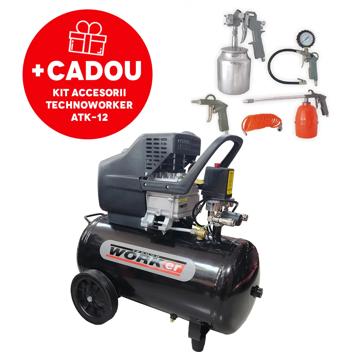 Compresor de aer 50L 1500W  TechnoWorker+Kit Accesorii aer comprimat TechnoWorker ATK-12  (5 piese)