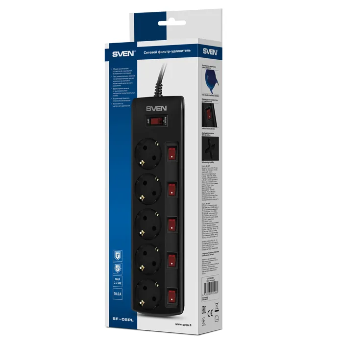 Prelungitor electric SVEN SF-05PL, 5 Prize, 1,8m, Negru