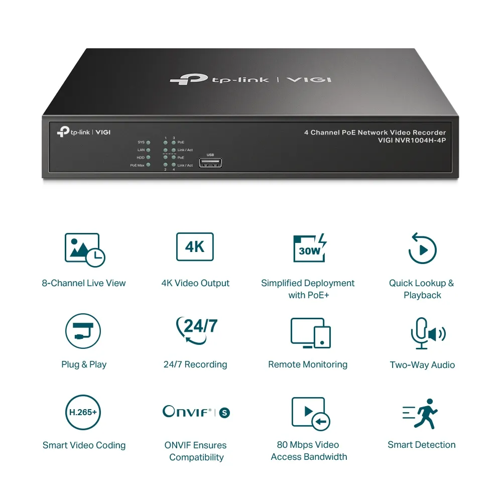 Înregistrator video TP-LINK VIGI NVR1004H-4P, Negru