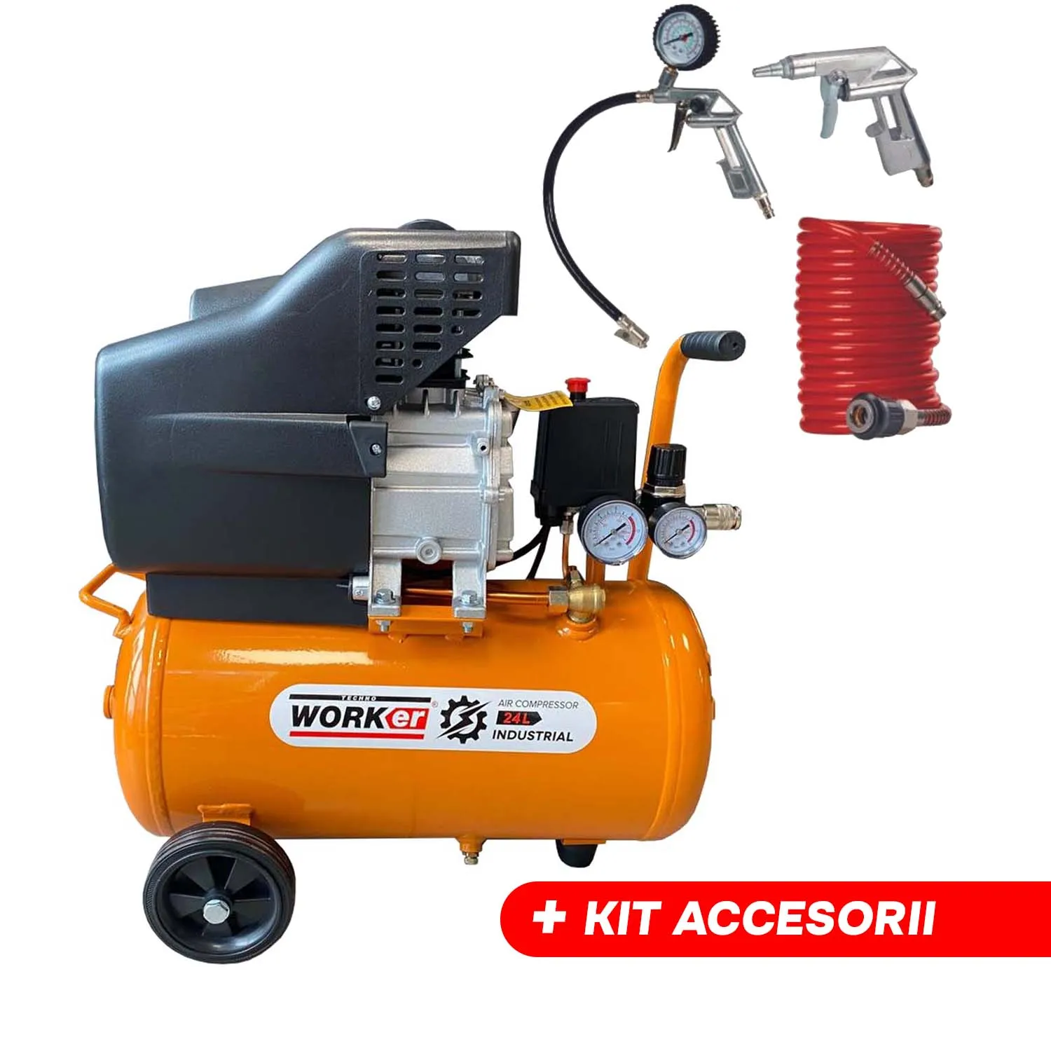 Tik Tok Compresor de aer TechnoWorker 24L 1500W + Kit Villager VAT-S3