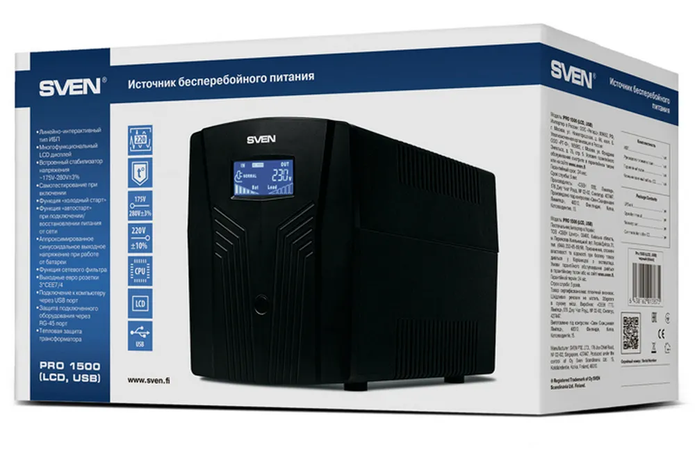 Sursă de alimentare neîntreruptibilă SVEN Pro 1500 LCD, Linear-interactiv, 1500VA, Turn