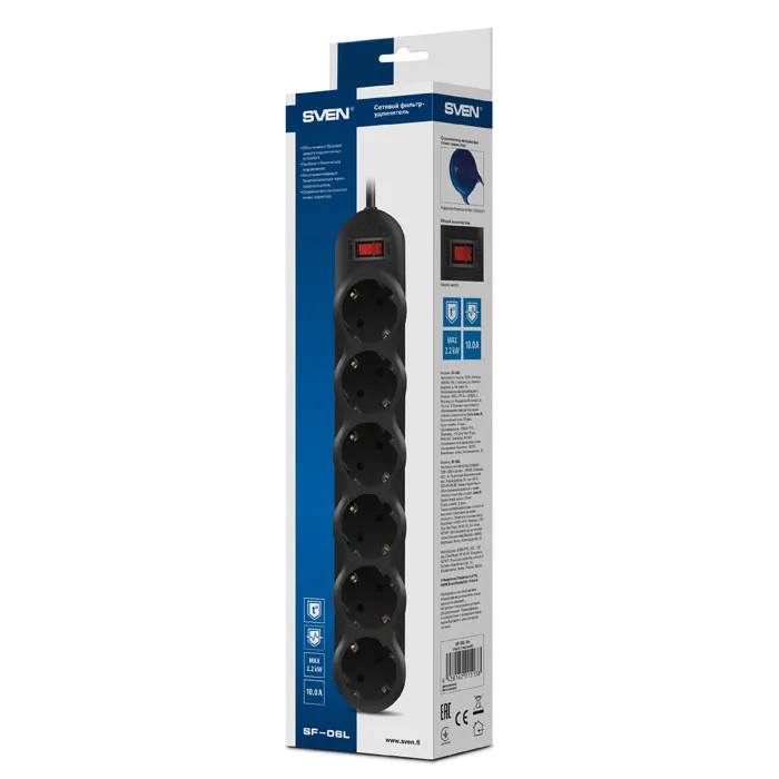 Prelungitor electric SVEN SF-06L, 6 Prize, 5m, Negru