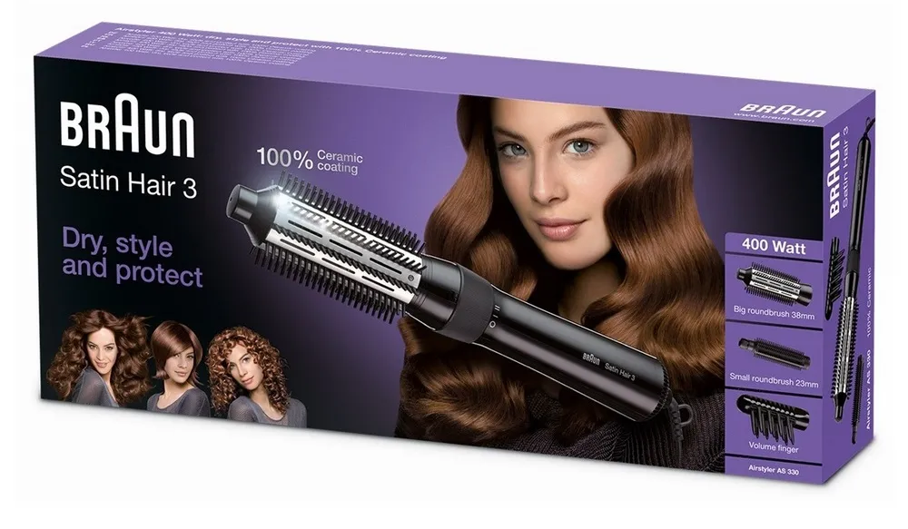 Uscător de păr-perie Braun Satin Hair 3 AS330, 400 W, Negru