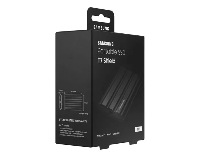 SSD portabil extern Samsung Portable SSD T7 Shield, 1 TB, Negru (MU-PE1T0S/WW)