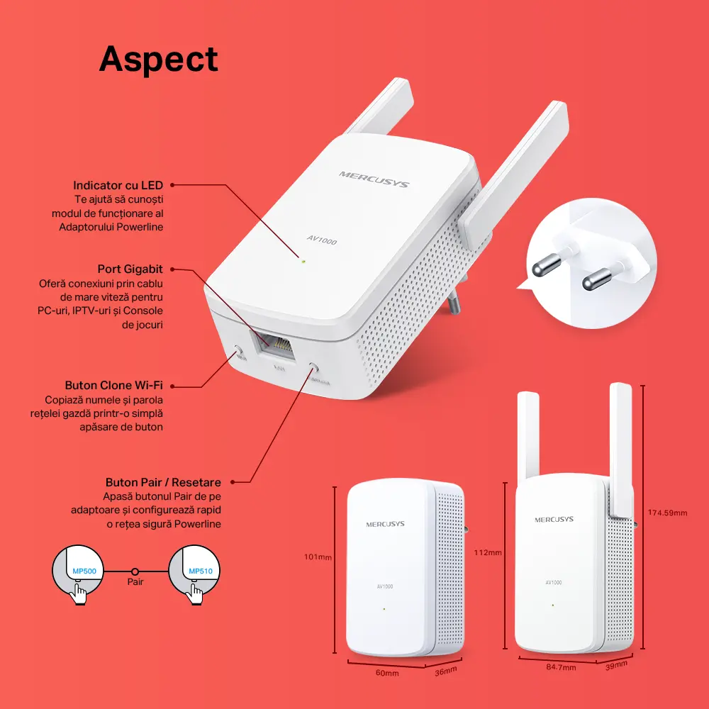 Wi-Fi + Powerline adapter MERCUSYS MP510 KIT, AV1000, 1000 Mbps, Alb